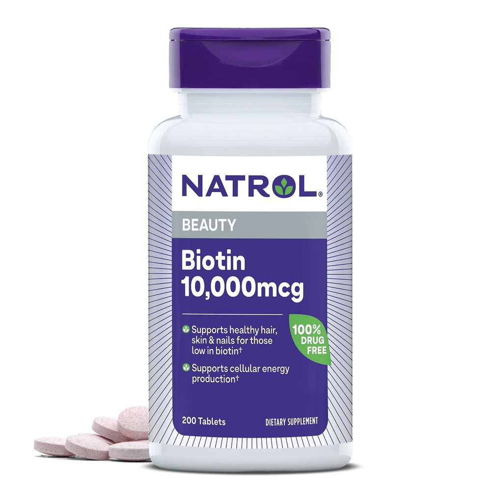 Natrol Biotin 10000mcg, doplačilo za zdrave lase, kožo in nohte za tiste z nizko vsebnostjo biotina, Plus energijska presnovna podpora, 200 tablet, do 200 dni dobave