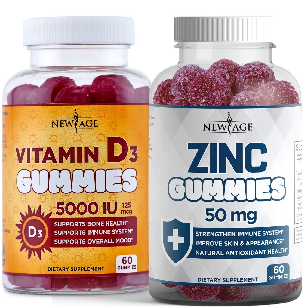NOVA AGE Imunska obramba Combo - 2 paket - vitamin D3 Gumies 5000 i.e. 125mcg in visoko moč cinka Gumies, Imune Booster 120 Count