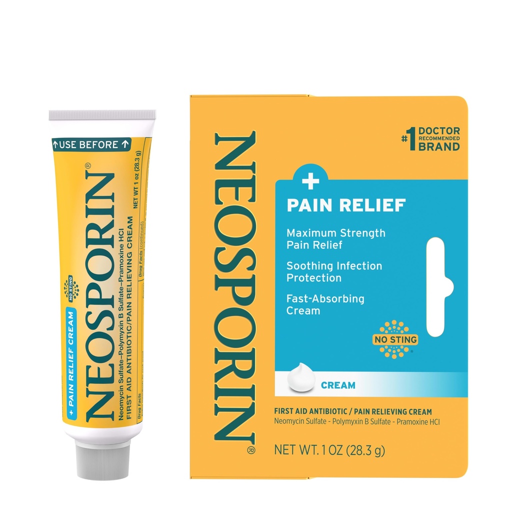 Neosporin + maksimalna bolečina Relief Dual Action Cream, Prva pomoč Topični antibiotik in analgetična krema za nego ran manjših cuts, Scrapes in Burns, Polymyxin B & Pramoksine HCl, 1 oz