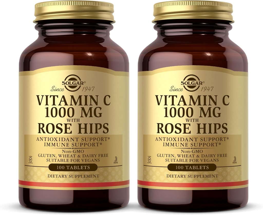 Solgar Vitamin C 1000 mg z Rose HIPS - 100 tablet, pakiranje po 2 - antioksidant in imunske podpore - Non-GMO, Vegan, Gluten Free, Dairy Free, Kosher - 200 skupaj