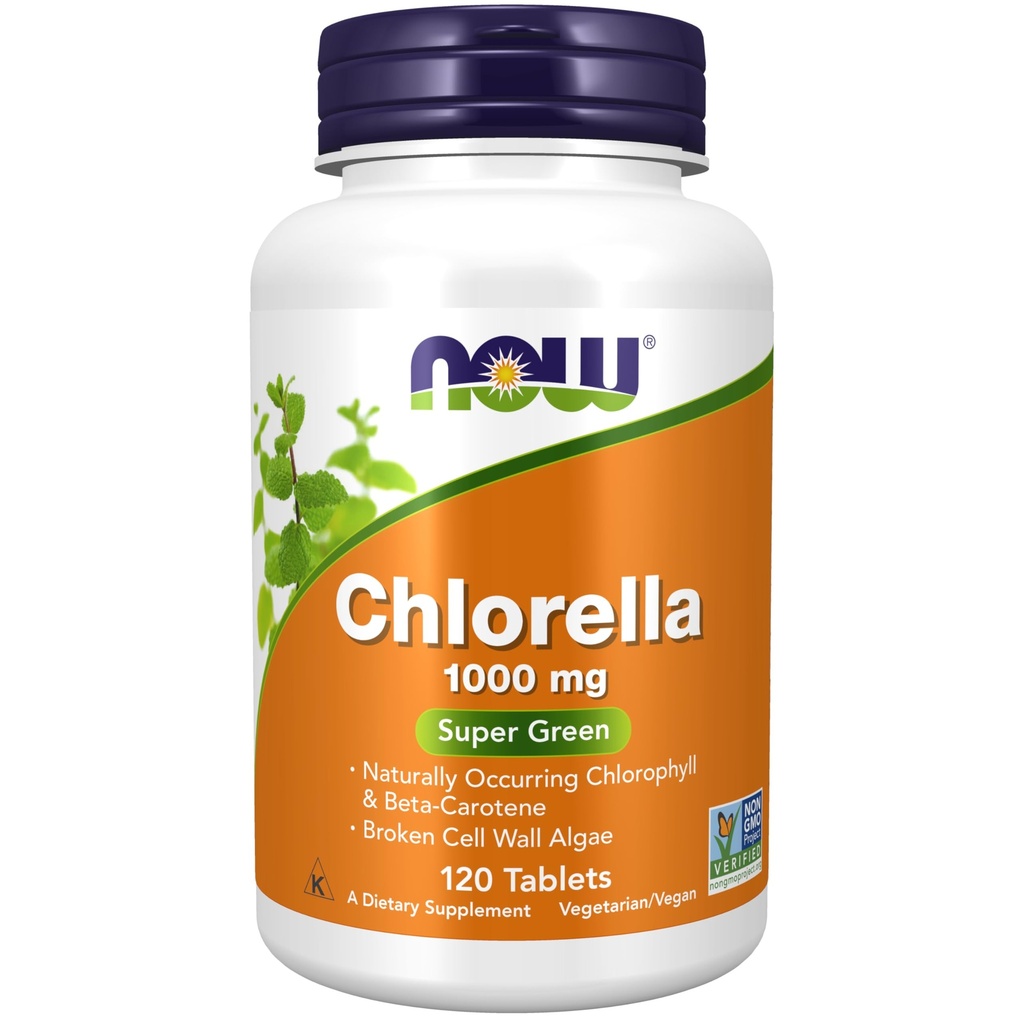 NOW Food Supplements, Klorella 1000 mg z naravno prisotnim klorofilom, beta karotenom, mešanimi karotenoidi, vitaminom C, železom in beljakovinami, 120 tablet