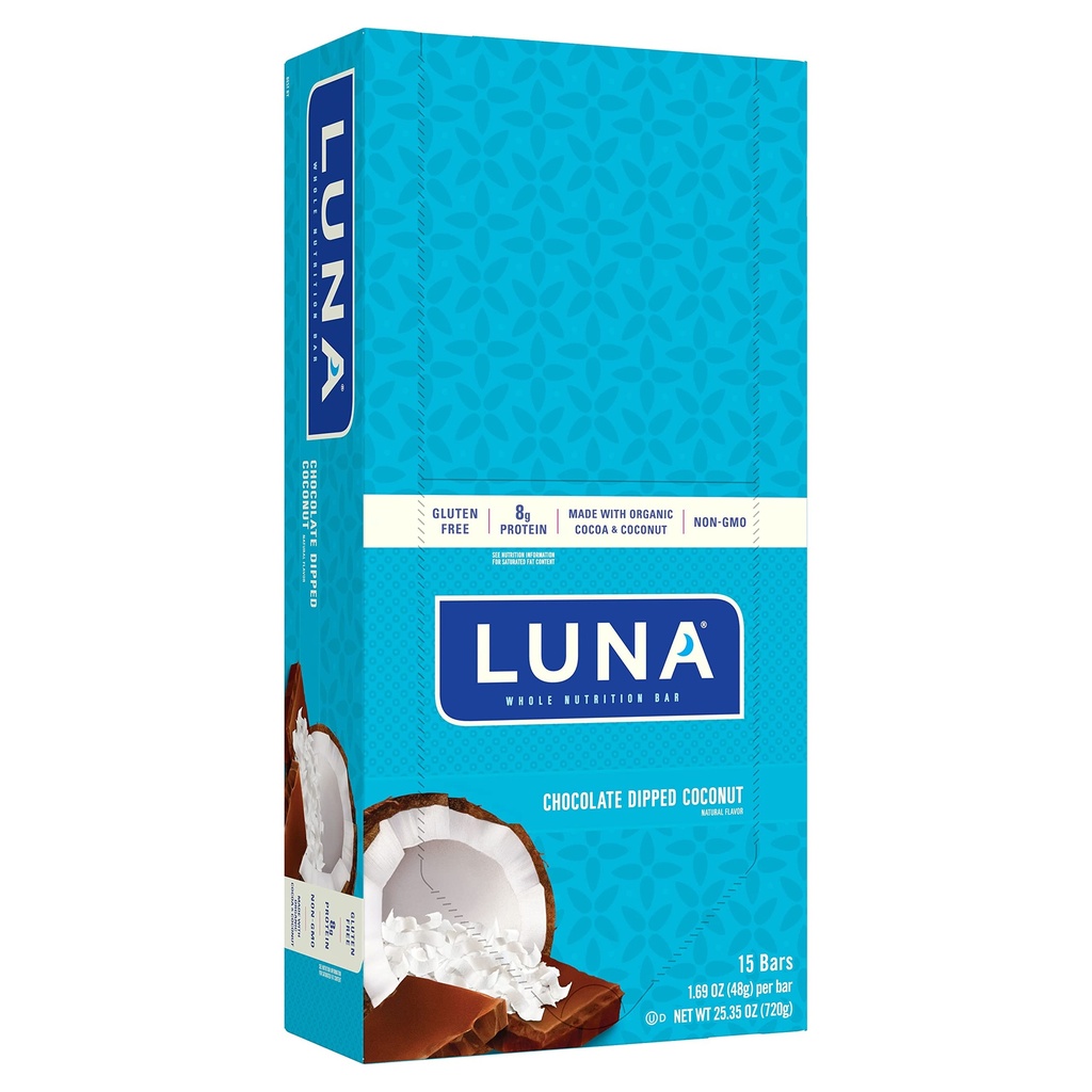 LUNA BAR - Gluten Free Snack Bars - Chocolate Dipped Coconut Flavor - 8g proteinov - Non-GMO - Rastlinsko-osnovno Hlajenje - Na Go Prigrizki (1.69 Ounce Prigrizki Bari, 15 grof)