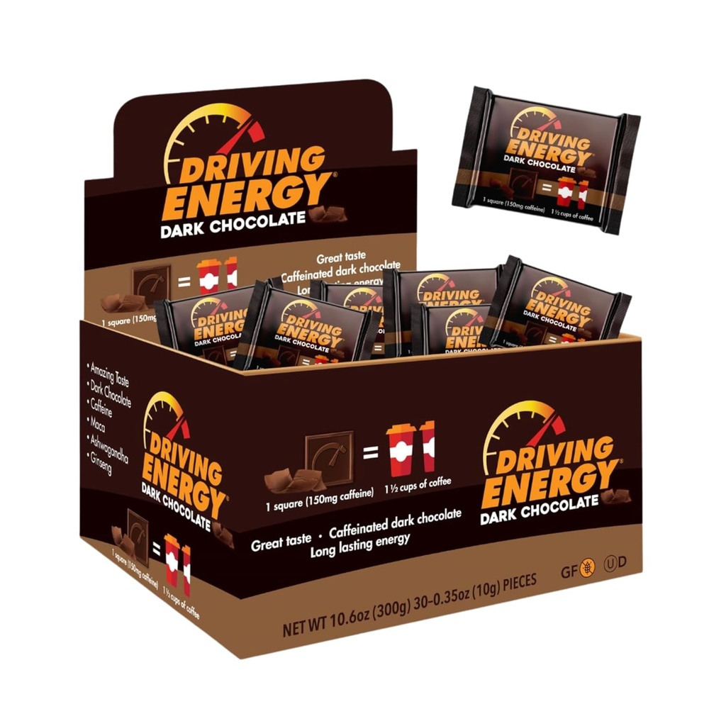 Vožnja Energija - Kofeinirana Energija Velikost ugriza - Temno Čokoladno gorivo s 150mg Kofein - Dolgotrajna za fitnes, telovadba, Odrasli - Odličen okus - Nizka Carb - Zdrav prigrizek - 30 Število