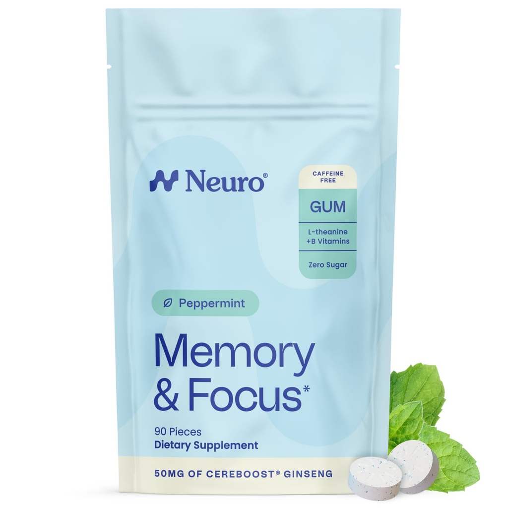 Neuro Memory & Focus Gum - Nootropic Gum z vitaminom B12, vitaminom B6, L-Theanin & ginseng Extract - Naravna podpora možganov dodatek - Vegan, kofein in sladkor brez žvečil - Peppermint, 90 ct