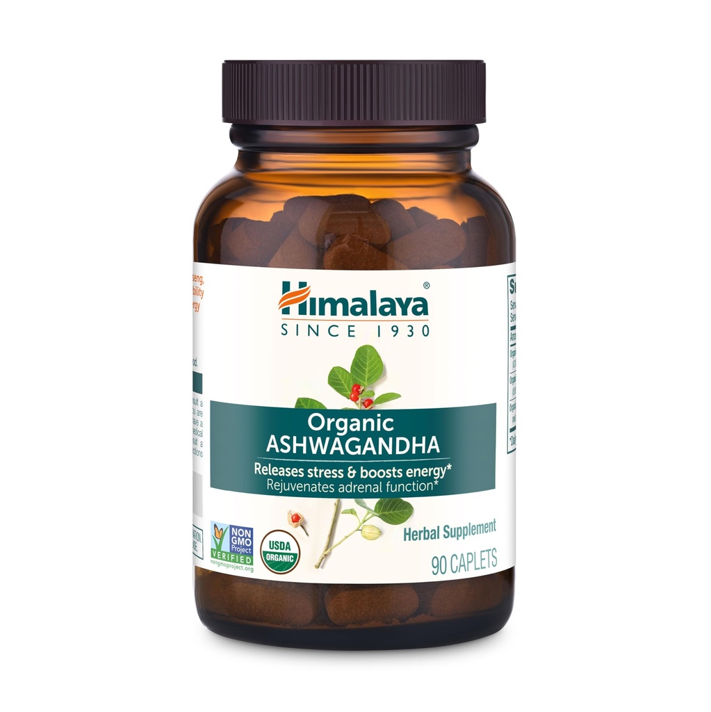 Himalaja Organic Ashwagandha, 90 Day Supplement, Zeliščni dodatek za pomoč pri stresu, energijska podpora, občasno nespečnost, USDA Certified Organic, Non-GMO, Vegan, Gluten Free, 670 mg, 90 Kapleti