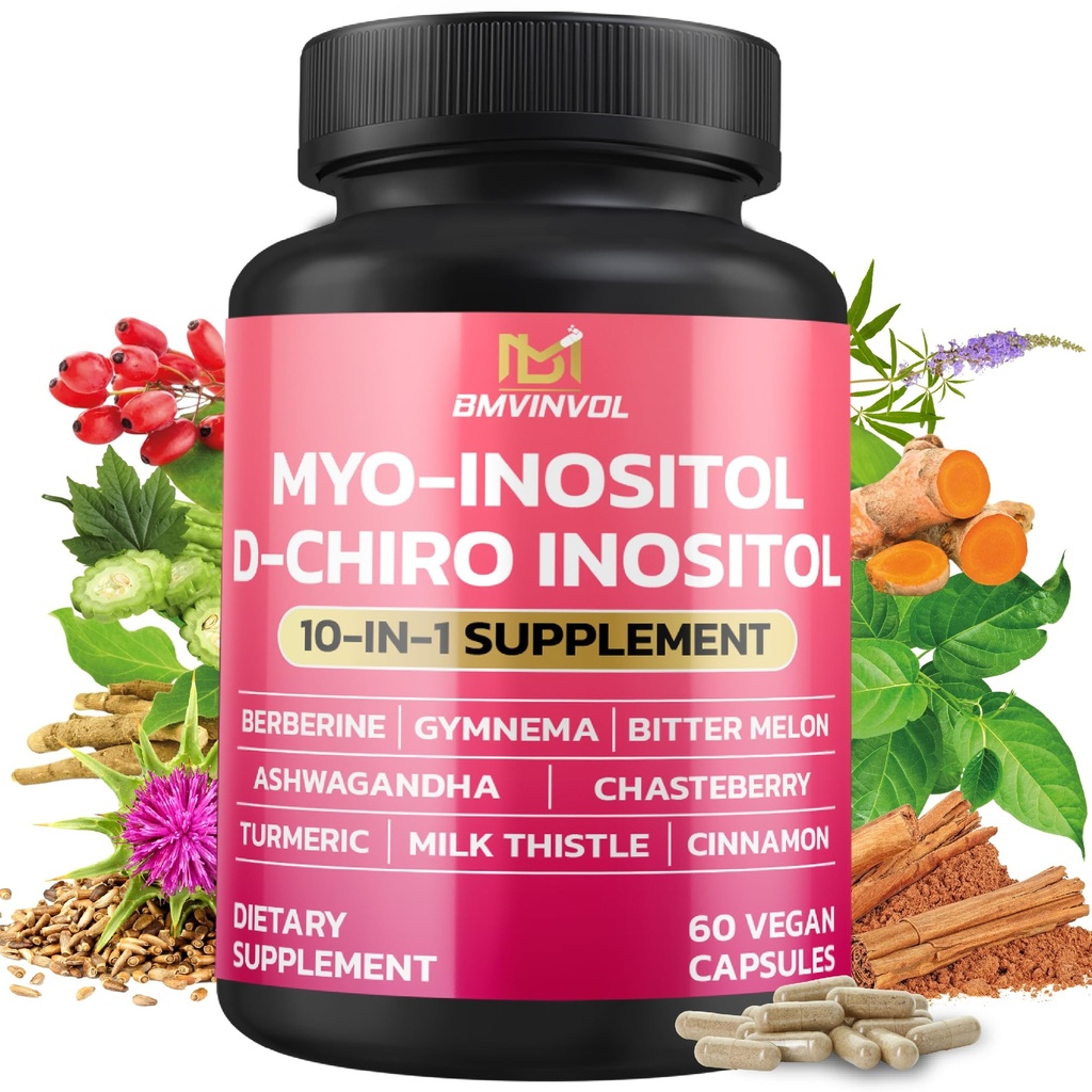 Dodatek za inozitol BMVINVOL - Myo-Inositol in D-Chiro Inositol Ideal 40:1 Razmerje - Plus Berberin, Cimet, Ashwagandha + 5 Več - 60 kapsul