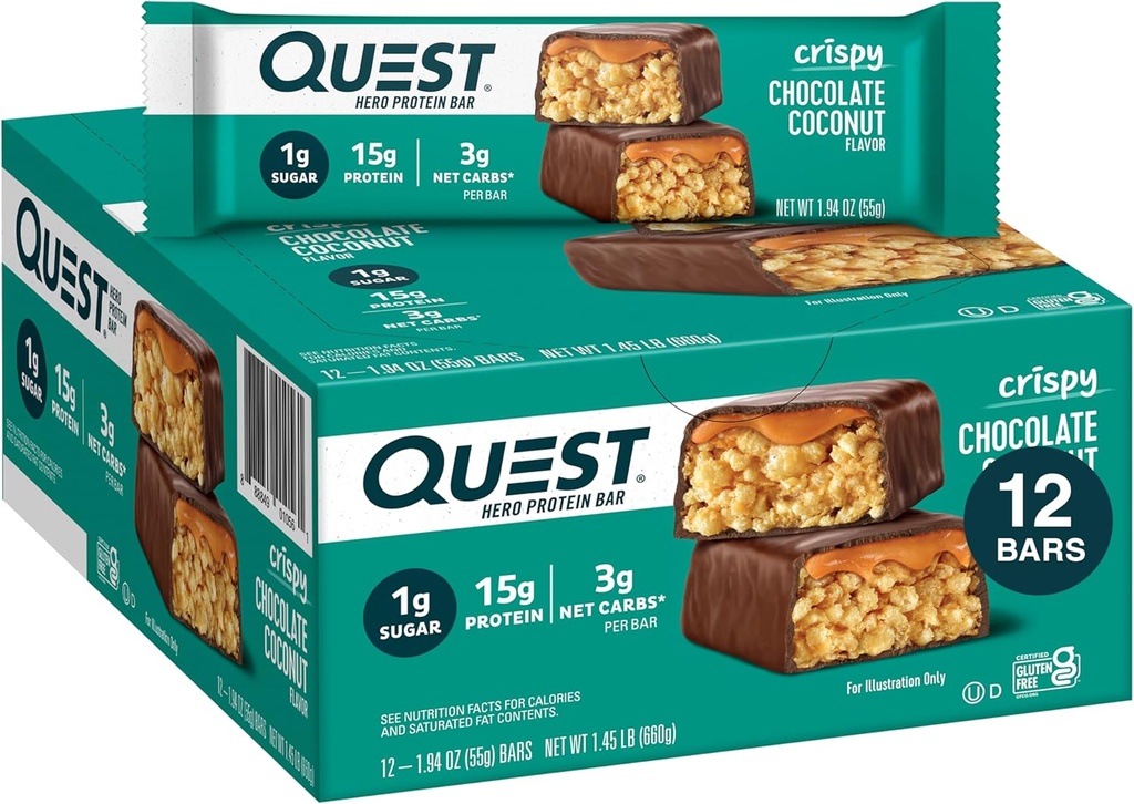 Quest Nutrition Crispy Chocolate Coconut Hero Protein Bar, 15g beljakovine, 1g sladkor, 3g neto ogljikove hidrate, prigrizek brez glutena, Keto prijazno, 12 Count