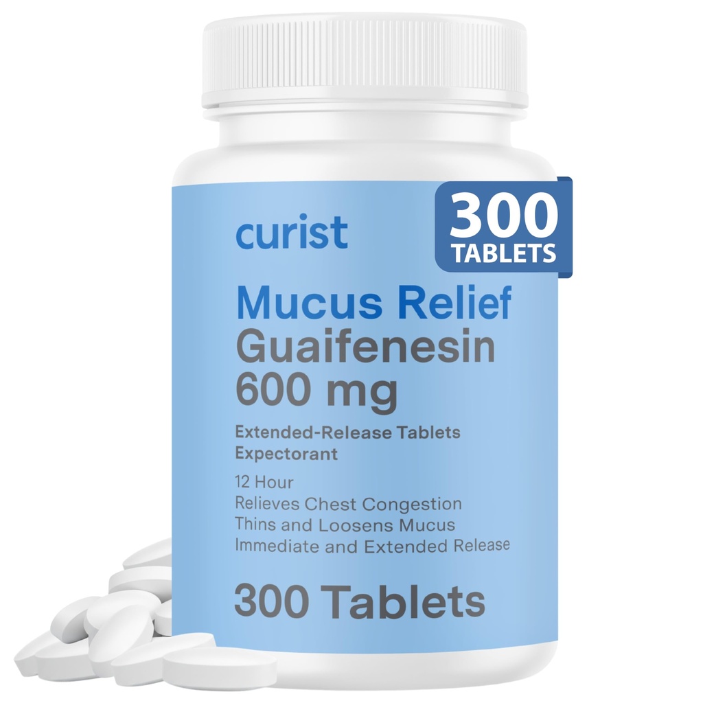 Curist Guaifenesin 600 mg Extended Release Tablets (300 Dye-Free Tablets) - Expectorant Mucus Relief, Generic Guaifenesin 600 mg, (Bulk Pack)