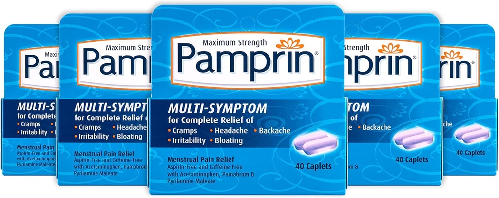 Pamprin multi-Simptom Formula, z Acetamofen, Menstrualno obdobje Simptomi Relief vključno Cramps, Bolečina, Razdražljivost in napihnjenost, 40 Caplets (Pack po 5)