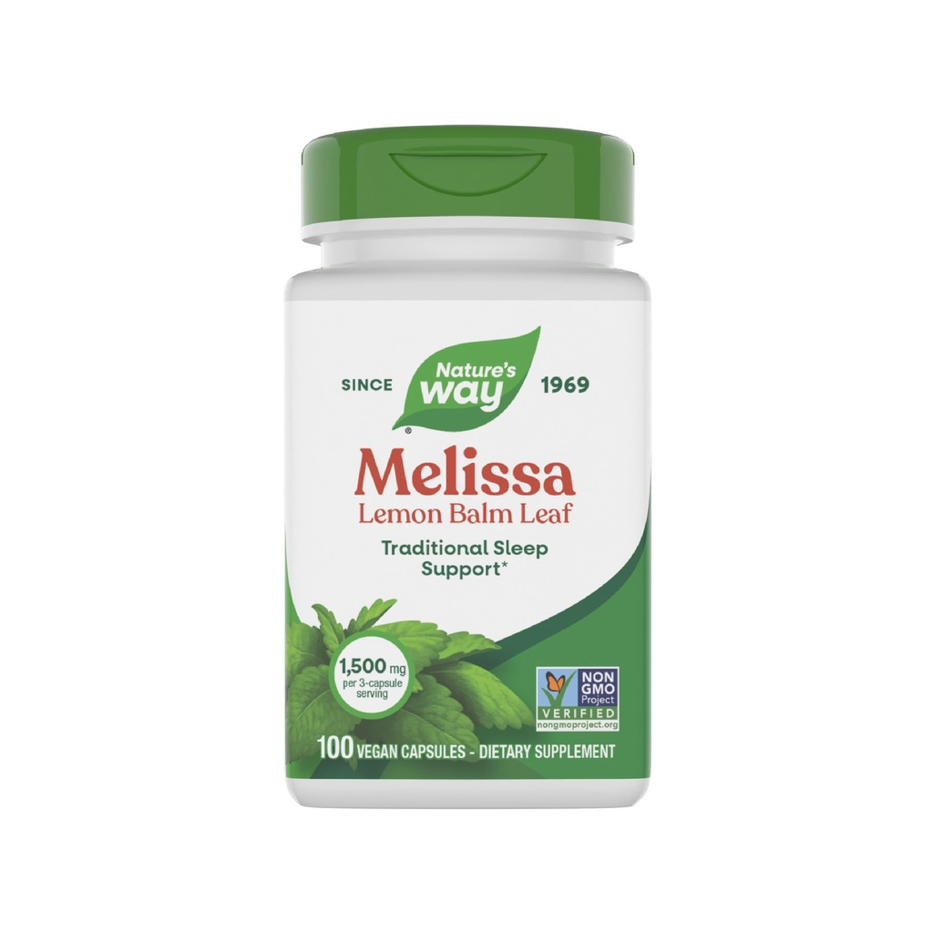 Narava Melissa Lemon Balm Leaf, Tradicionalna podpora za spanje*, Melatonin Free, 1500 mg na 3-kapsule Serving, Projekt Non-GMO Verified, 100 veganskih kapsul (Packaging May Vary)