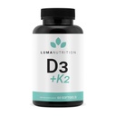 Luma Nutrition D3 + K2 Vitamin 10000 i.e. - Dodatek za zdravje kosti in srca - največja moč imunske podpore in kalcijeva absorpcija - 60 kapsul