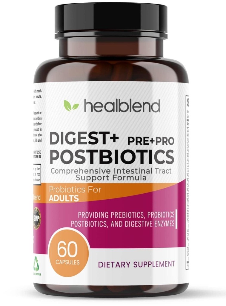 Digest + Postbiotiki Dopolnilo za ženske in moške, Multi Encimi, Organic Prebiotic & Probiotic za digestivno zdravje z bromelin, papin in lipaze, Non-GMO, Gluten-free, 60 vegetarijanske kape