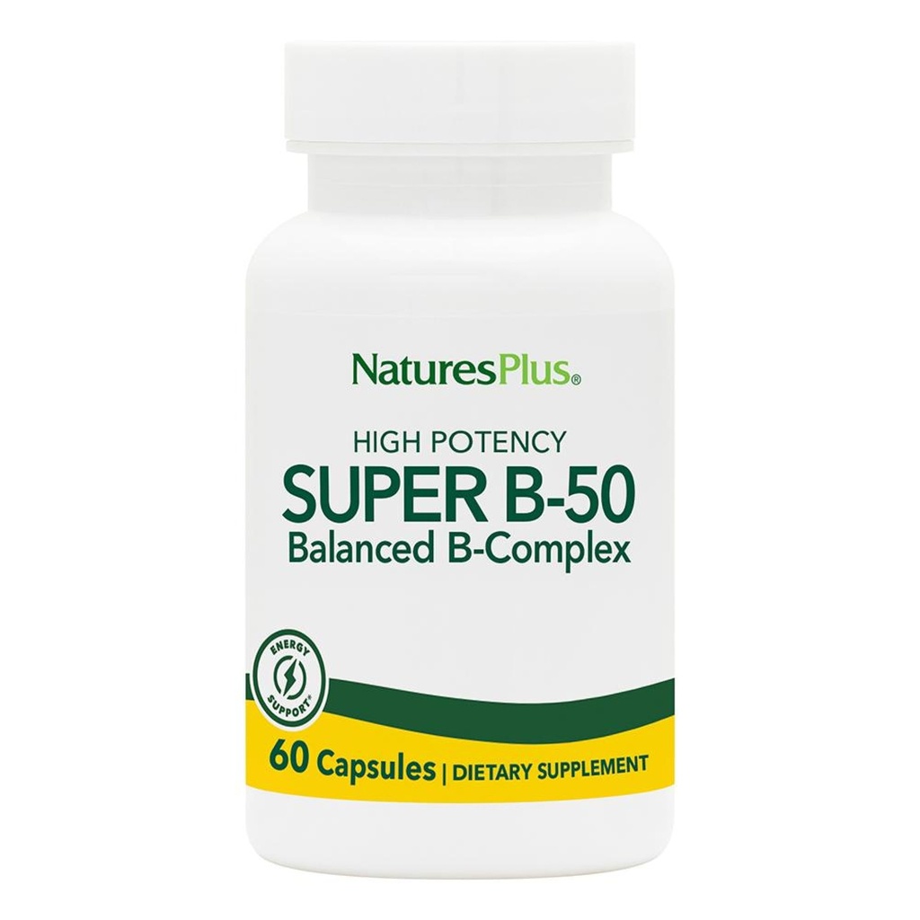 NaturesPlus Super B50-60 Vegetarijanske kapsule - Visoka moč B kompleks vitamin dodatek - Možgani in energijski ojačevalec - Gluten-free - 60 Servinges