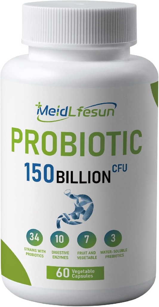 Organski probiotiki in prebiotiki,150 milijard CFU 34 sevi, prebavni encimi, za moške in ženske, 60 veganskih kapsul za Gut Health & Digestive Support, Non-GMO, Gluten Free