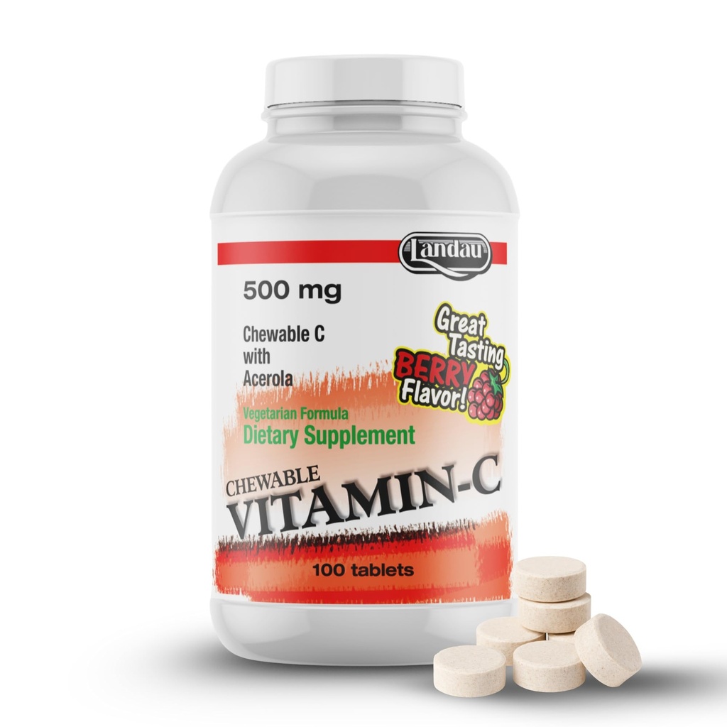 Landau 500mg žvečljivi vitamin C Candy za otroke in odrasle – enostavno jemanje Vitamin C dodatek z Acerola – Kosher & Made in The ZDA – Great Degusting Berry Flavor, 100 tablet