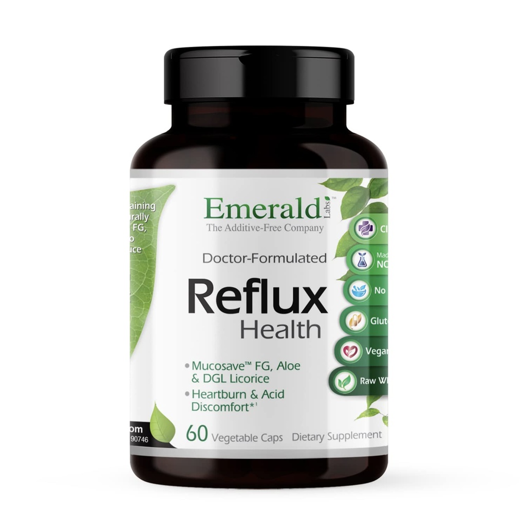 EMERALD LABS Reflux Health - prebavne motnje in zgaga Relief z Mucosave FG, DGL, Aloe Vera, probiotiki, prebavne encime in več* - 60 Zelenjavnih kapsul (30-dnevna oskrba)