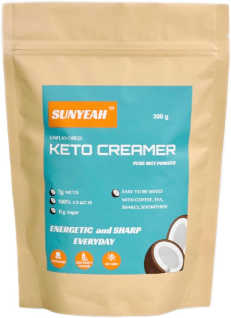 SUNYEAH MCT Powder- MCT Oil Powder, KETO Coffee Creamer, Pure C8 C10, Brez sladkorja, Iz kokosovega oreha, 300 g, Odlično za kavo, čaj, vodo, Shakes, Smoothies, Nearomatizirana, No-GMO