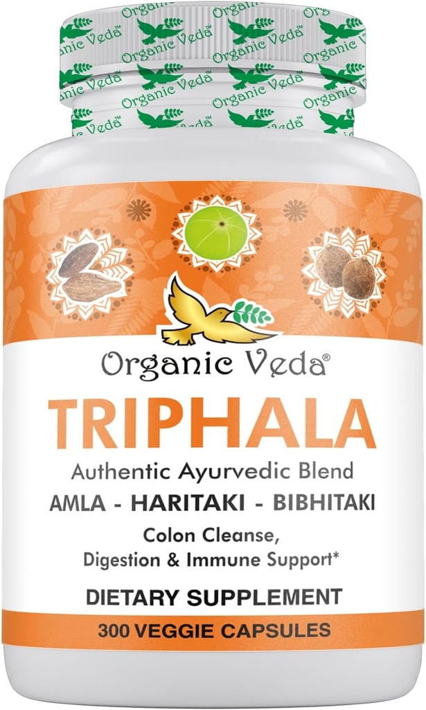 Organic Veda Triphala Powder 300 Kapsule, 1000mg - Organic Triphala Supplement for Colon Cleanse, Imune, Gut & Digestion Health - Cele zelene antioksidanti Amla, Haritaki & Bibhitaki - Veganske tablete