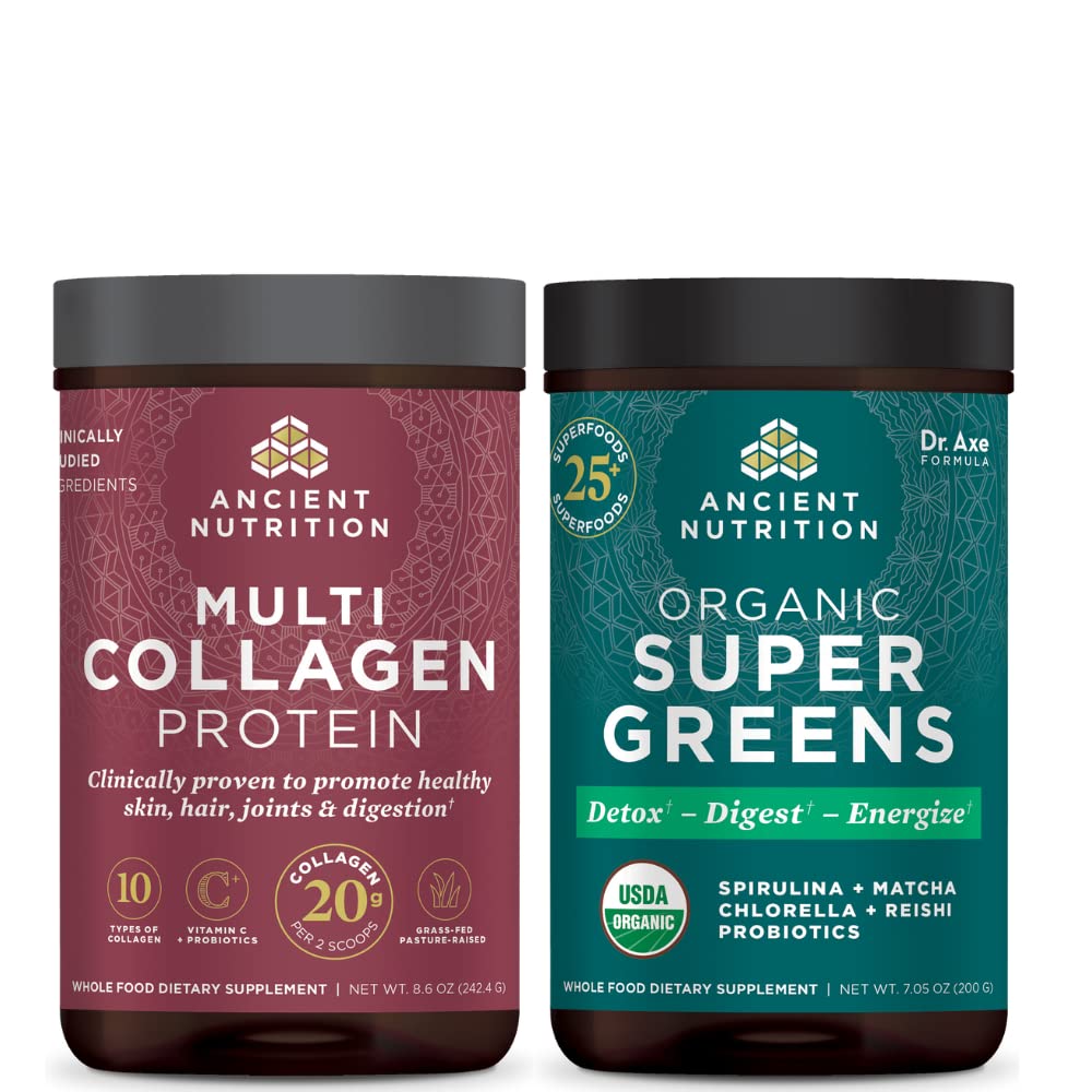 Ancient Nutrition Multi Colagen Protein Powder, brez arome, 24 Serving + Supergreen Powder, Greens Flavor, 25 Servings