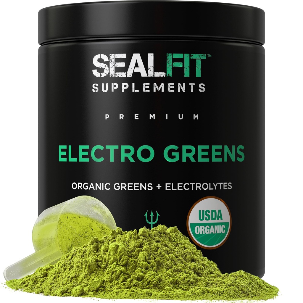 SEALFIT ElectroGreens - USDA Organic Greens Superfood + Electrolytes Powder. 25+ Superfoods for Energy and Hydration. Super zeleni sok in elektrolitski prah, ki ga je navdihnil nekdanji pečat Navy Božanski