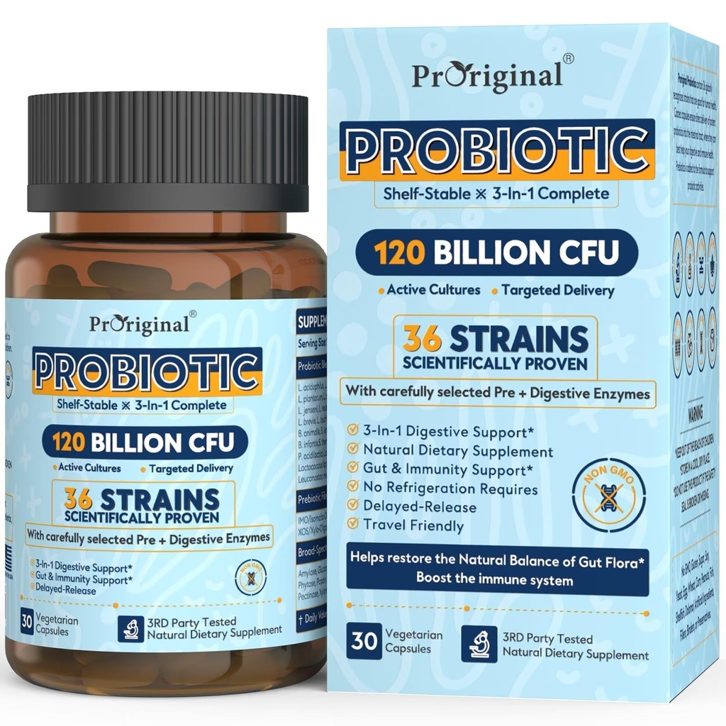 Probiotiki za ženske in moške 120 milijard CFU s 36 probiotičnimi sevi za digestivno zdravje in zdravje črevesja, zapoznelih release kapsule, želodčne kisline, ni potrebe po hlajenju 30 kapsul