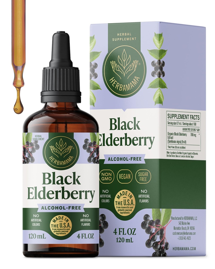 HERBAMA Black Elderberry Drops - Vegan Elderberry Tekoči ekstrakt za imuno podporo - Non-GMO, Alkohol & Sugar-free Immunity dodatek, 42-dnevna oskrba