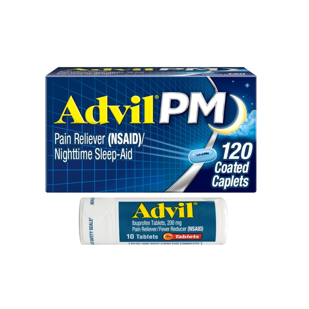 Advil PM bolečina Reliever in nočno spanje Aid, Ibuprofen za lajšanje bolečine in difenhidramin Citrat za pomoč v spanju - 120 Obloženi Caplets in bolečine Reliever in Releaver vročina, 10 Count Tablets