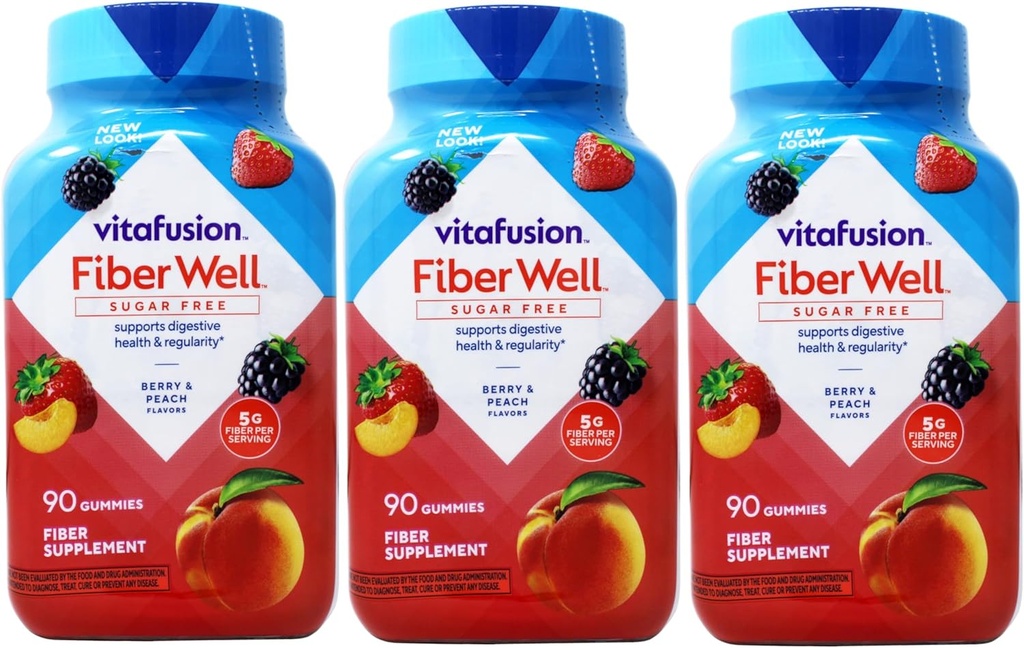 VitaFusion, Fiber Well Gummies, Fiber dodatek, Razvrščene arome - 90 gumijev, pakiranje po 3