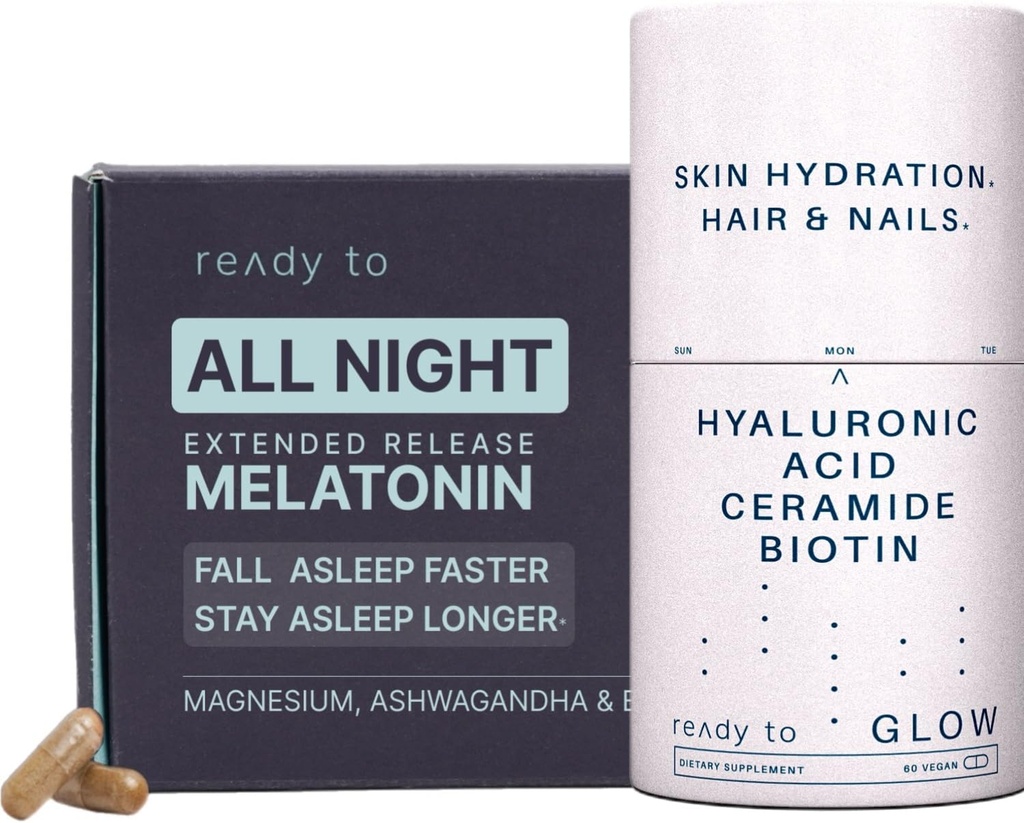 Kožna hidracija in pomoč pri spanju Komplet za preprečevanje staranja in spanja s hialuronsko kislino, ceramidi, antioksidanti, melatonin in Ashwagandha 