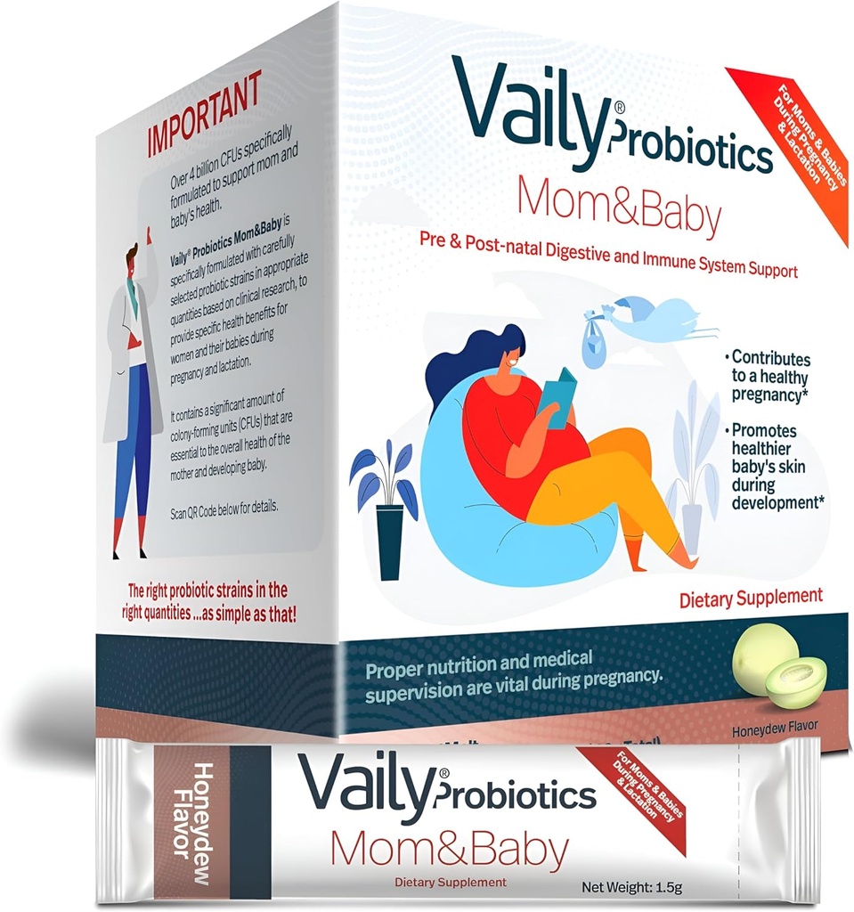 Vaily mama & dojenček probiotik - Post & prenatal vitamini probiotiki v prahu za ženske - krepi imunski sistem & prebavni zdravje, zdravo otroško kožo - prenatalne esencialne, enostavno prebavljanje - 30 palic