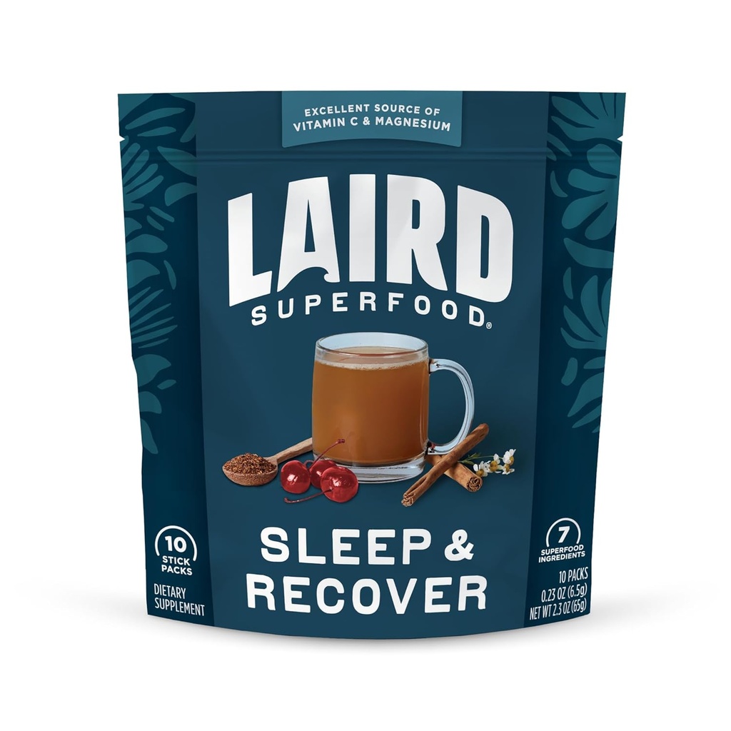 Laird Superfood Sleep & Recover, Bedtime Prashed Drink Mix Umirjanje dodatek za podporo Sprostitev in spanje s Tart Cherry in kamilice, 0,3 Oz Packet, pakiranje po 10