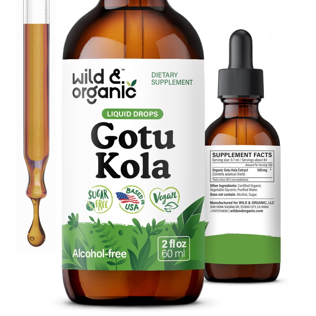 Wild & Organic Gotu Kola Herb Tincture - Podpora za možgane - Gotu Kola Liquid Extract kapljice - Vegan, Sugar & Alkohol-free Centella Asiatica dodatek - 2 fl oz