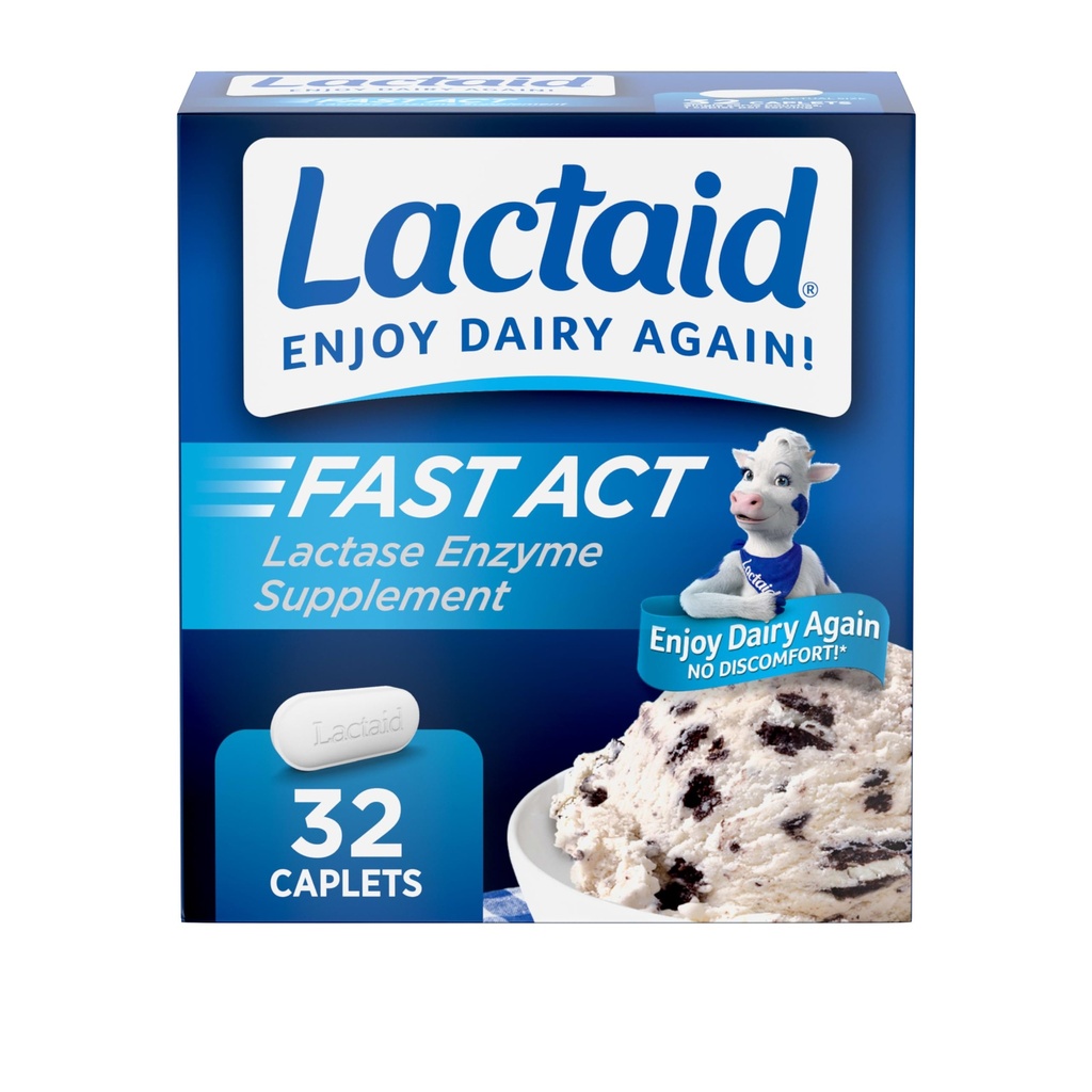 Lactaid Fast Act Laktoza Intolerance Relief Caplets z encimom laktaze za preprečevanje plina, napenjanje in driska zaradi laktozne občutljivosti, Idealno za potovanja & On-The-Go, 32 Pakiranja 1-Count