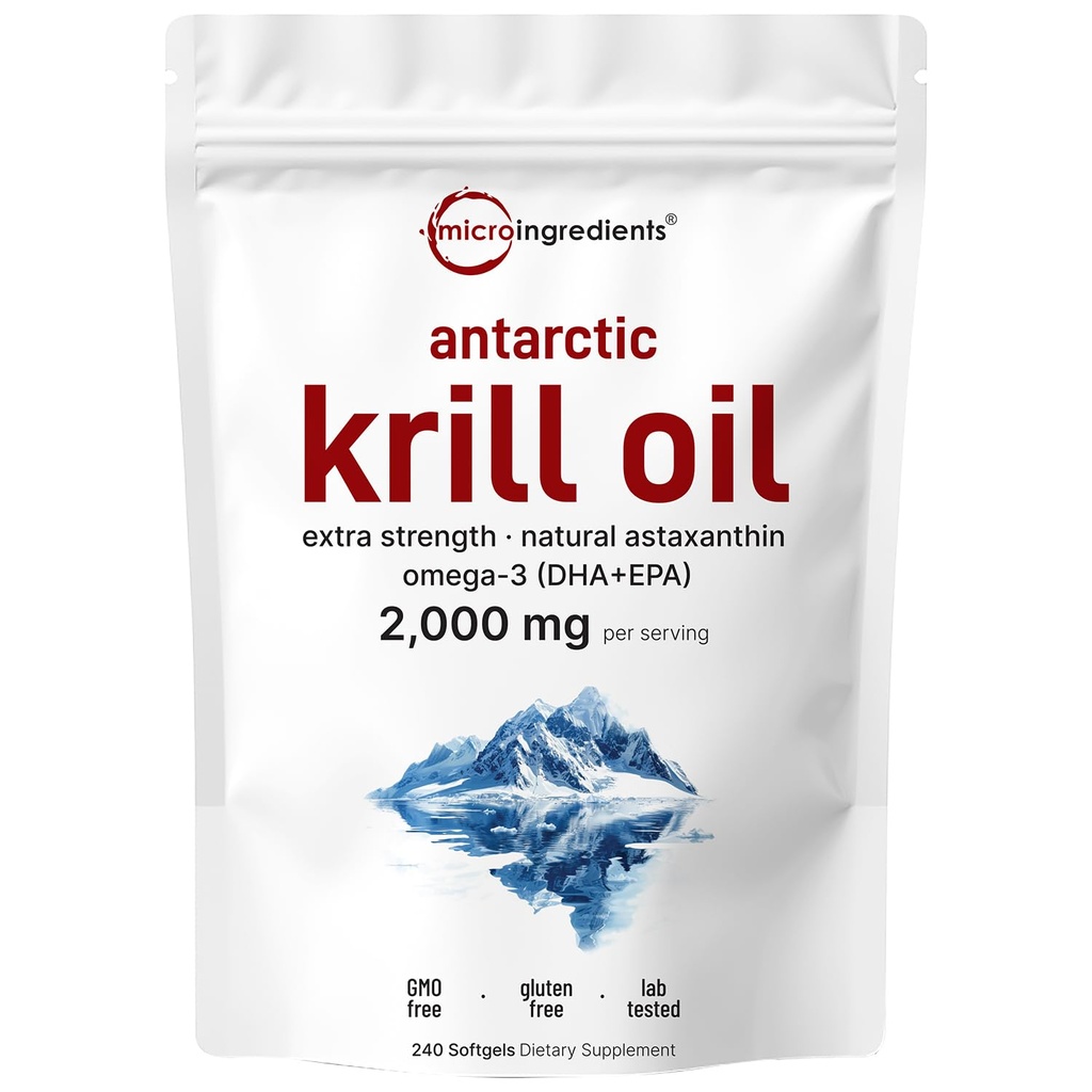 Mikro sestavine Antarktika Krill Oil Supplement, 2.000mg na strežbo, 240 Mehkužci, Trojna moč, Bogata z Omega-3s EPA, DHA & Natural Astaksantin, Podpira imunski sistem in zdravje možganov