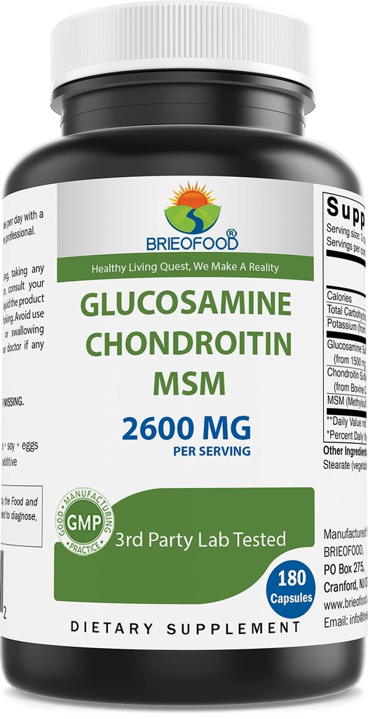 Brieofood Triple Jakost Glukozamin Chondroitin MSM 2600mg/Serving kapsule, podpira zdravo skupno, kartilažo in povezovalno tkivo - spodbuja skupno udobje in prilagodljivost 180 Število