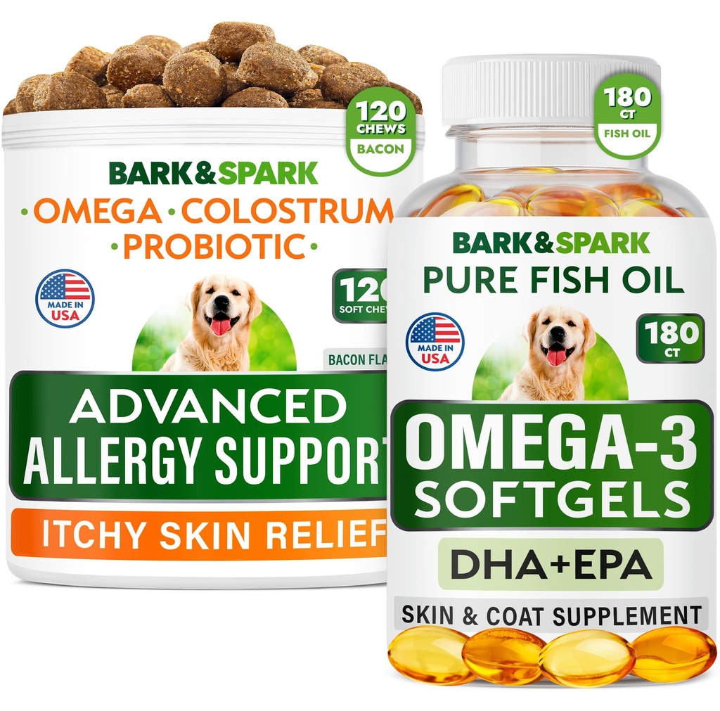 Advanced Dog Alergy + Omega 3 Bundle - Srbečica Relief - Probiotiki w/ribje olje Omega 3 + EPA&DHA Maščobne kisline - Alergija kože + Skupno zdravje - 120 Chews + 180 Softgels - Slanina + ribje arome - Made in USA
