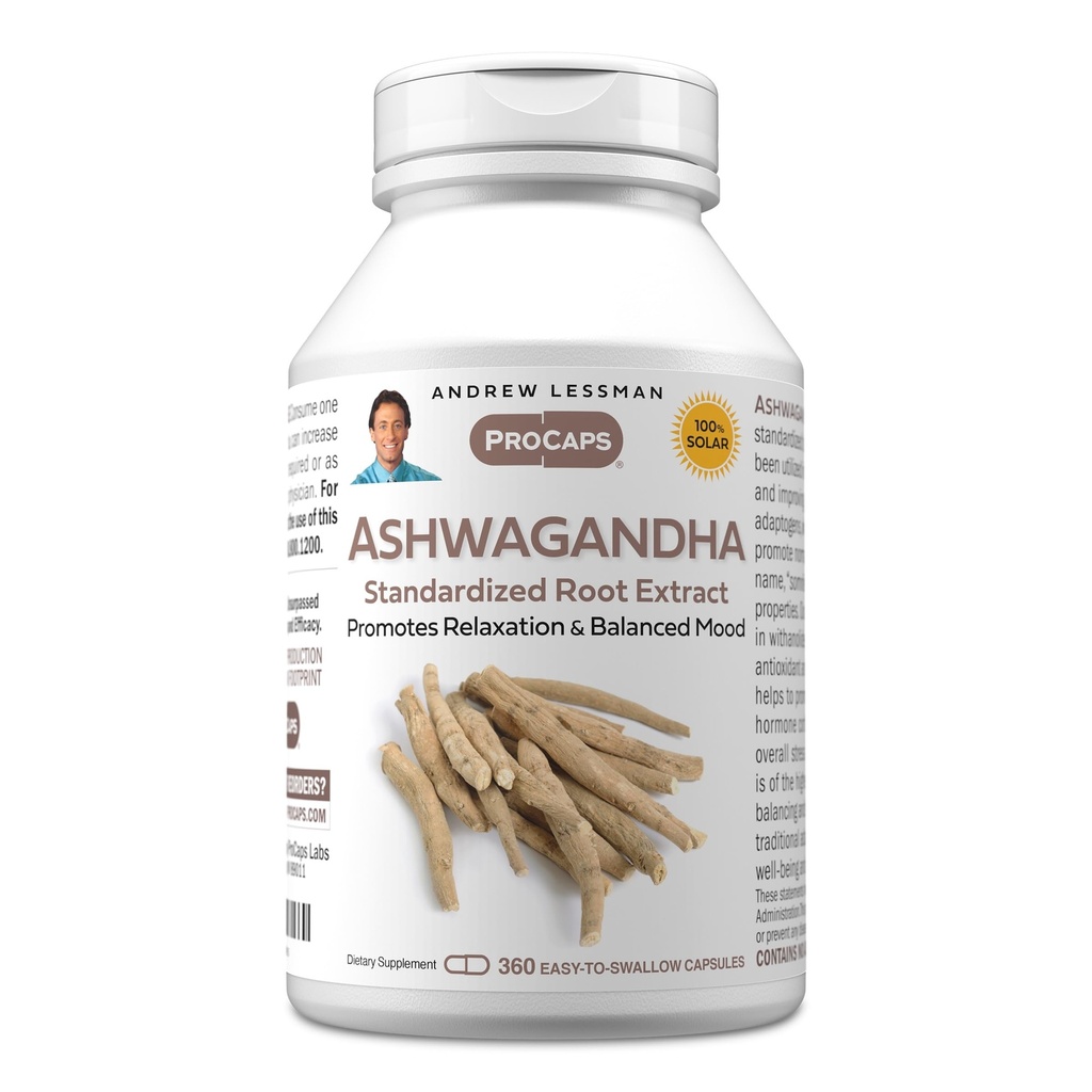 ANDREW LESSMAN Ashwagandha 360 Kapsule - standardizirani ekstrakt Ashwagandha. Spodbuja sprostitev, pozitivno razpoloženje, splošno dobro počutje in vitalnost. Majhne kapsule, ki jih je enostavno pogoltniti