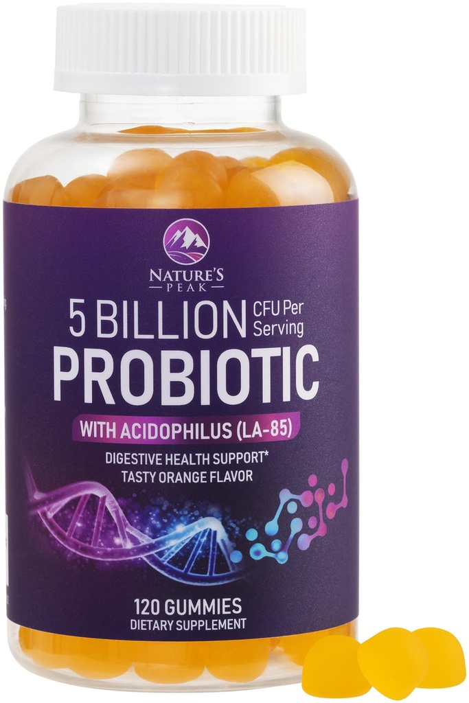Probiotic Gummies 5 milijard CFU - Dnevni probiotični Gummy dodatek za ženske, moške in najstnike - Naravno prebavno zdravje, “Dobro” Gut & Imuno podpora s 6 Pro Biotic sevi - Orange Flavor - 120 Count