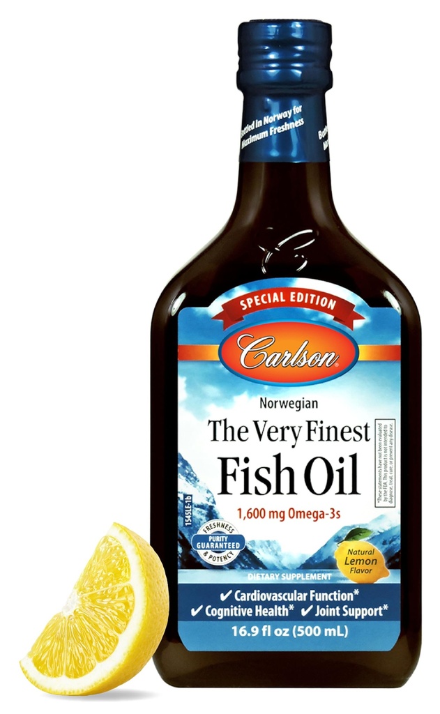 Carlson - najbolj fino ribje olje, posebna izdaja, 1600 mg Omega-3s, tekoči dodatek, norveškega ribjega olja, divjega, trajno pridobljene tekočine, limona, 500 ml (16.9 Fl Oz)
