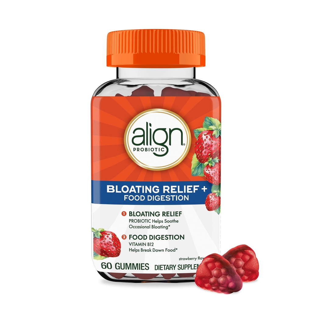 Align probiotik, Bloating Relief + Prebava hrane, Probiotiki za ženske in moške, Probiotik pomaga Soothe Occasional Bloating*, z vitaminom B12 za pomoč Break navzdol hrane v celično energijo*,60 Gumies