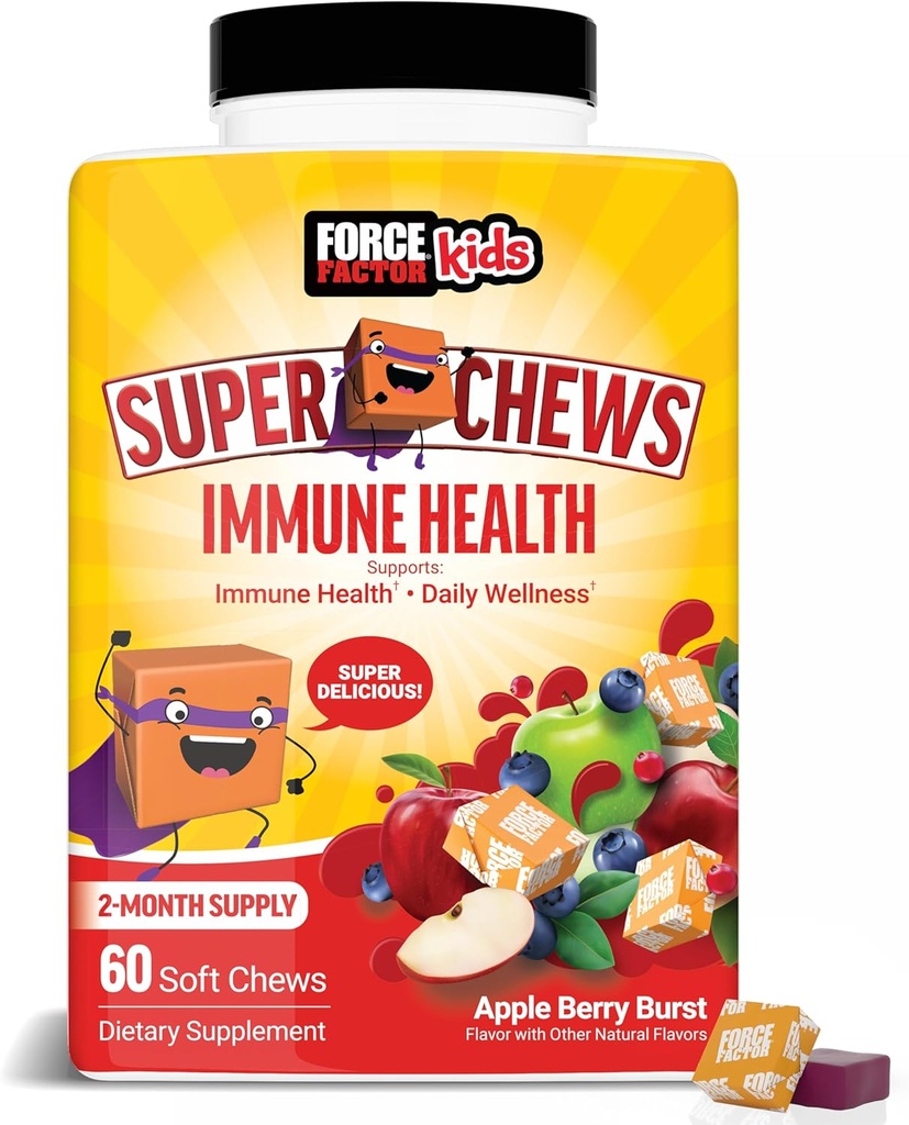FORCE FACTOR Otroci Imunsko zdravje Super žveči, otroci Imunska podpora dodatek z vitaminom D za otroke, Elderberry, Vitamin C, & cink, 2-mesečna dobava, Non-GMO, Apple Berry Flavor, 60 Soft Chews