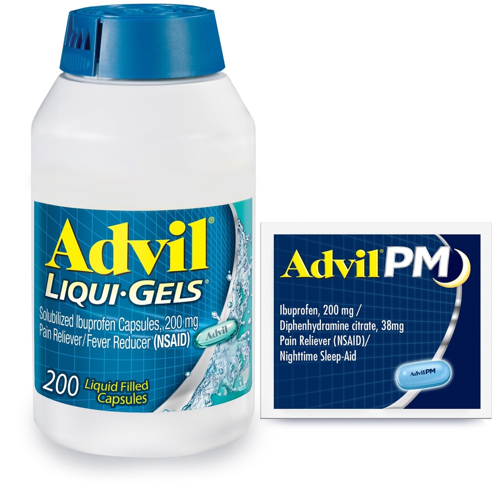 Advil Liqui-Gels Bolečina Reliever in znižanje telesne temperature, Bolečina Medicina za odrasle z Ibuprofen 200 mg za glavobol, Backache, Menstrualne bolečine in lajšanje bolečine v sklepih - 200 kapsul, Advil PM Ibuprofen - 2 Ct
