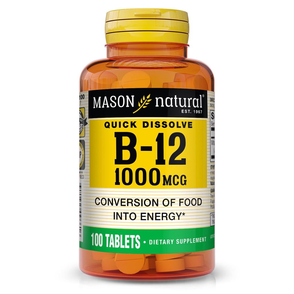 MASON NARAVNI vitamin B12, 1000 mcg hitre tablete, hitra absorpcija B kompleks za podporo normalno energijo in živčno funkcijo, 100 tablet