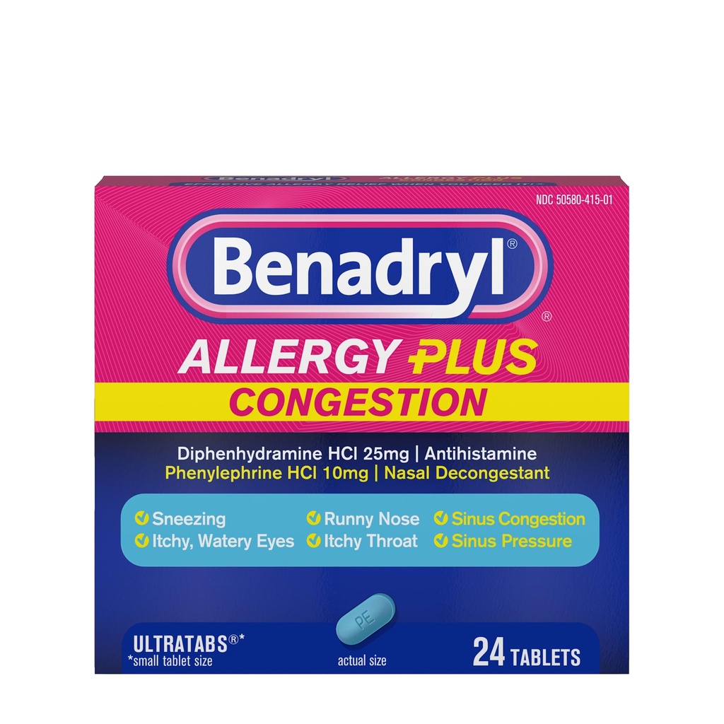 Benadryl Alergy Plus Congestion Ultratabs, Medicina z difenhidramin HCl Antihistaminik & Fenilefrin HCl Nazal Dekongestiv, Alergija & Sinus Congestion Relief tablete, 24 ā
