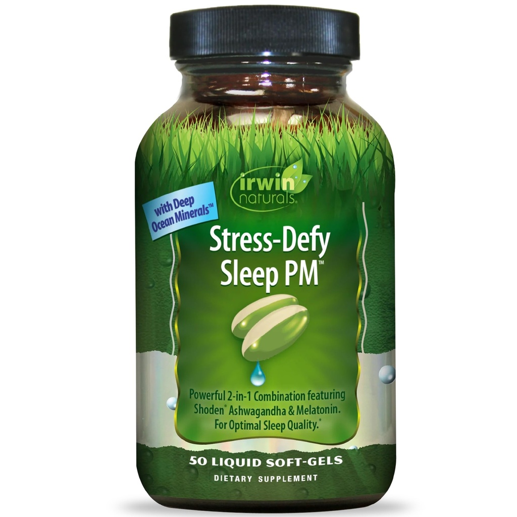 Irwin Naturals Stress-Deffy Sleep PM - 50 Liquid Soft-Gels - Močna 2-v-1 Kombinacija z Ashwagandha & Melatonin - 25 Servingov