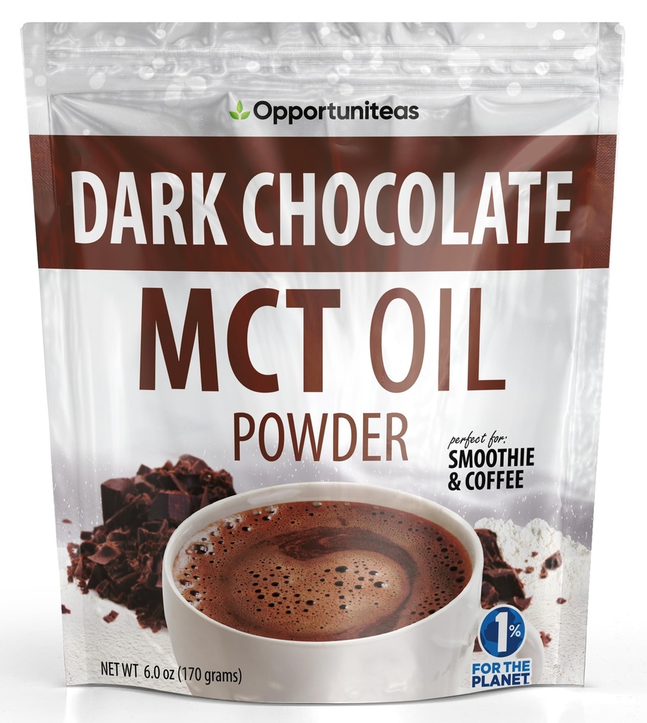 Opportuniteas MCT Oil Powder, Keto Creamer za kavo, Pijače&Smoothies, Low Carb Keto prijazno, Boost Energy&Mental Focus, Dodatek za ketogensko dieto, Gluten Free&Non-GMO, Temna čokolada 6 oz