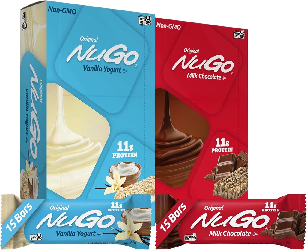 NuGo Original Variety, Vanilla Yogurt 15 barov & Čokolada 15 barov, 11g beljakovin, Gluten Free, 30 Count