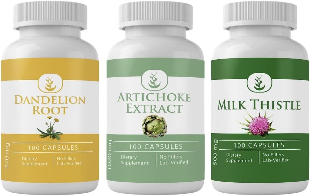 PURE IZVIRNE SESTAVINE Artichoke Extract, Mlečni osat, in Dandelion Root Kapsule paket (100 kapsul vsak), Brez dodatkov ali polnila, Lab preverjen