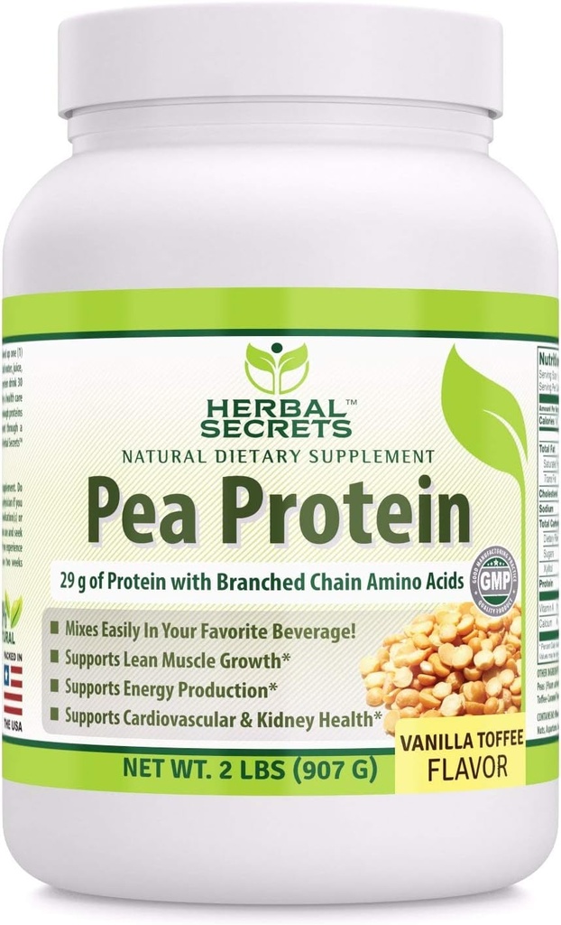 Zeliščne skrivnosti Pea Protein Powder Vanilla Toffee Flavor 2 lbs (Non-GMO) -Podpora proizvodnja energije in rast mišic - spodbuja delovanje srca in ledvic*