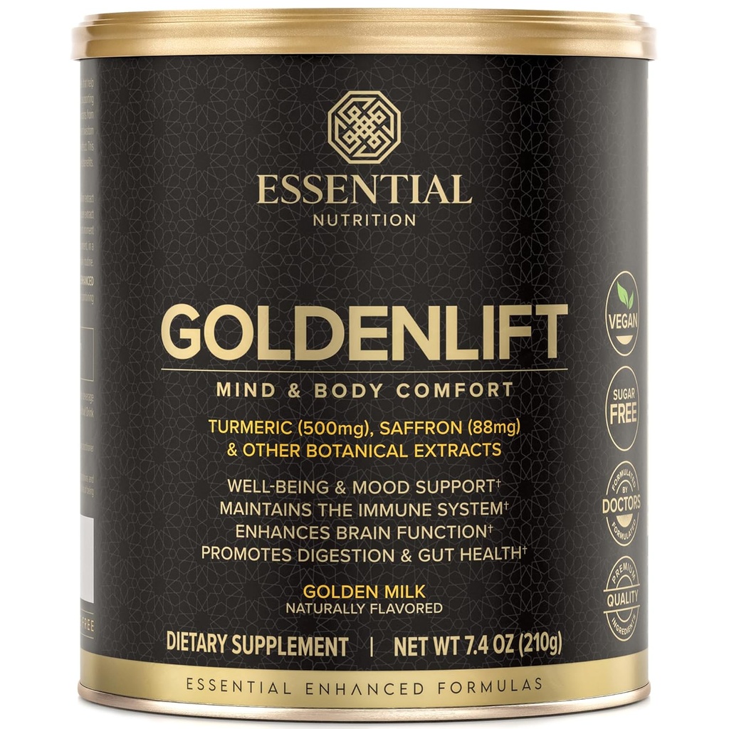 Essential Nutrition Golden Lift - Golden Milk Supplement - Vegan - Z kurkuma, Saffron, Cimet, Cayenne & Black Poper Standardizirani izvlečki - Mind & Body Comfort - 7.4 oz (30 Serving)